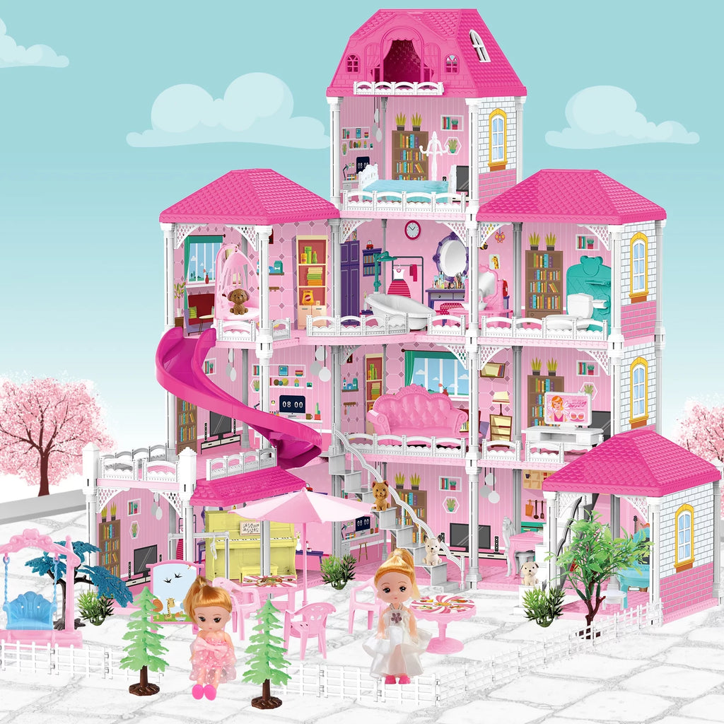 Beefunni 4-Story 12-Room Dollhouse with 2 Princesses and Slide Accessories X74843