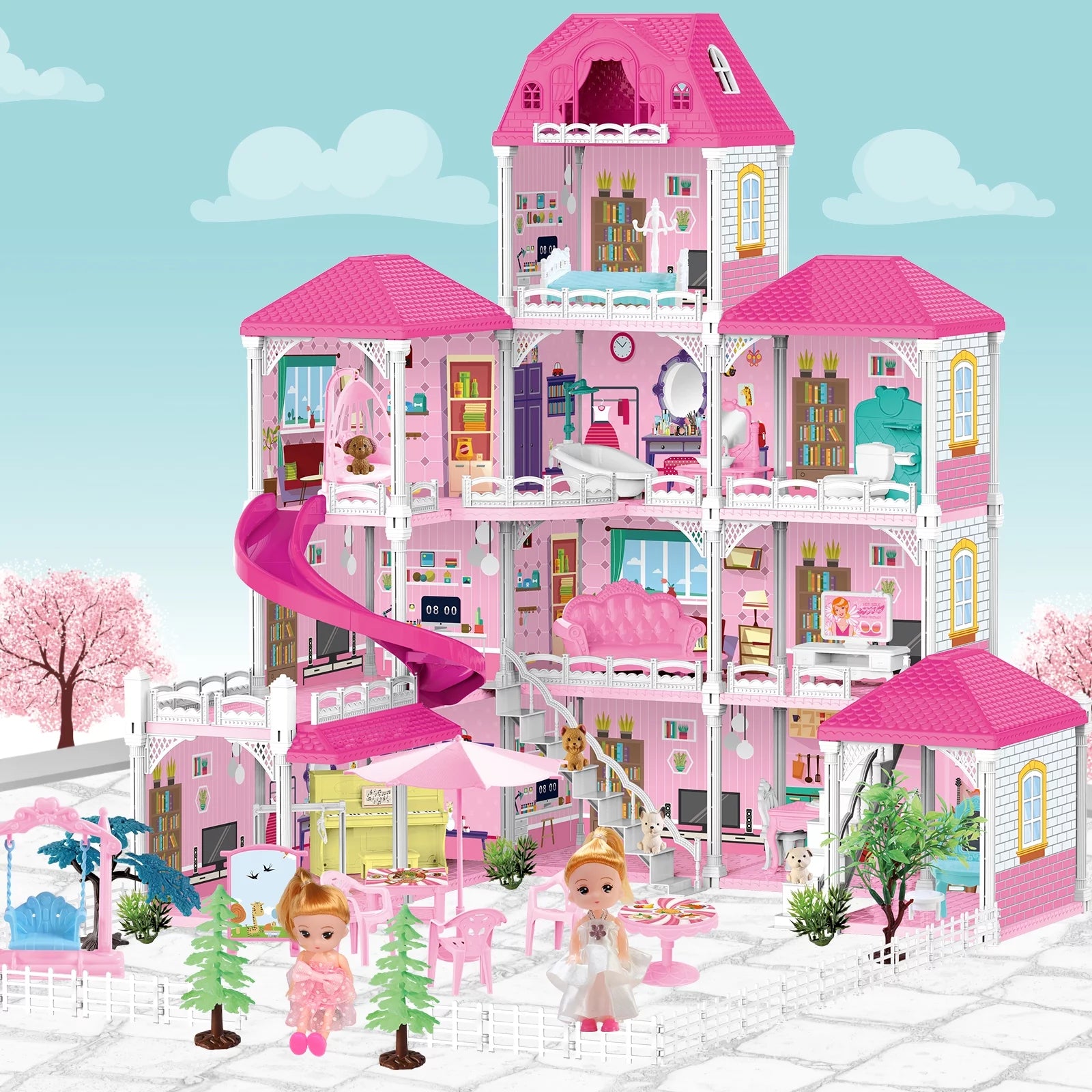 Beefunni 4-Story 12-Room Dollhouse with 2 Princesses and Slide Accessories X74843