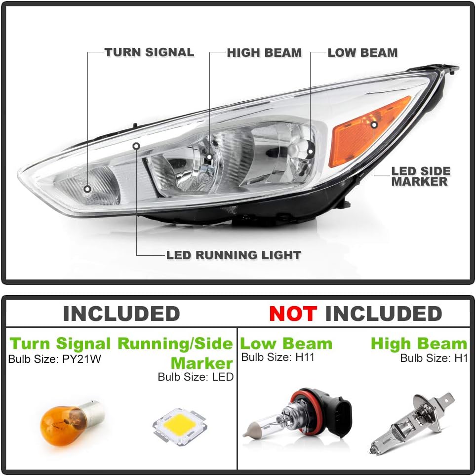 Chrome Housing Headlights Pair for Ford Focus 2015-2018 Halogen LED DRL k7m