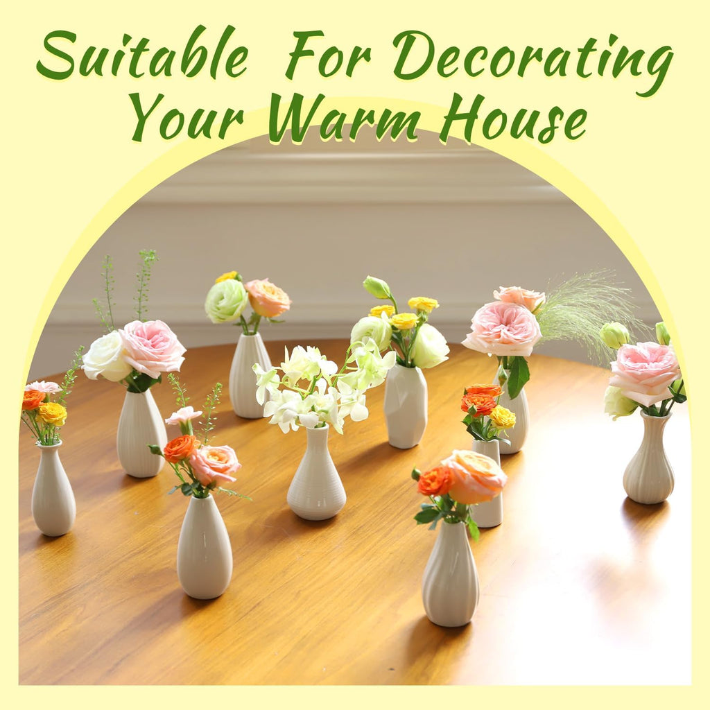 Mini Ceramic Vase Set of 10 - 4 inch White Bud Vases for Home Decor F307