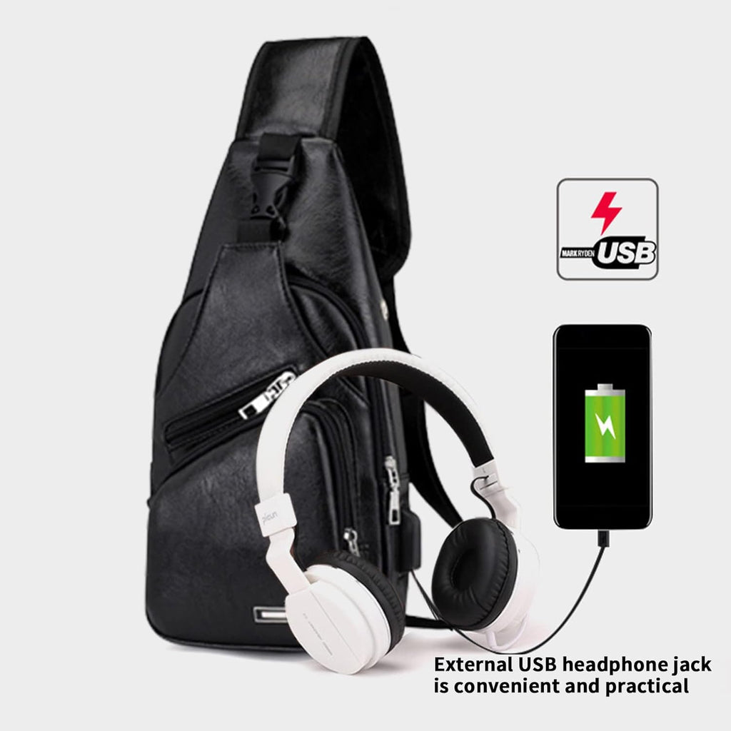 Waterproof Leather Sling Backpack with USB Port a7