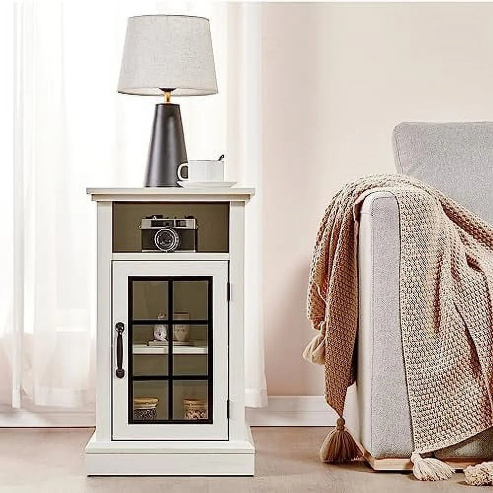 Set of 2 End Table with Charging Station and USB Ports, Glass Door, Distressed White L46911