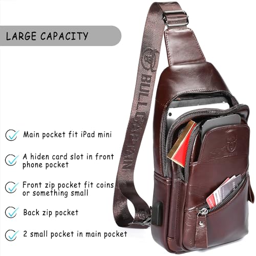Leather Sling Bag for Men with USB Charging Port Crossbody Daypack Hiking Travel Backpack k7