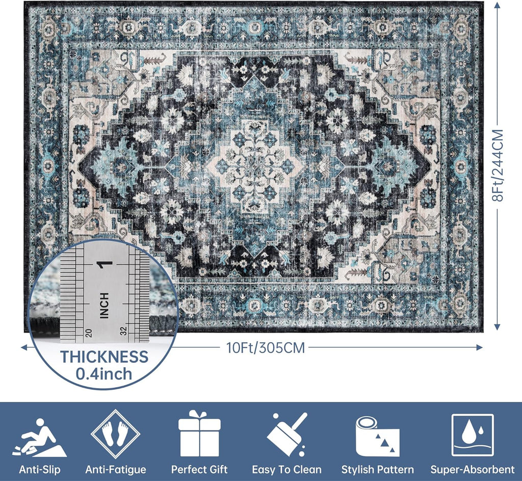 Vintage Blue 8x10 Non Slip Washable Area Rug for Living Room C5928