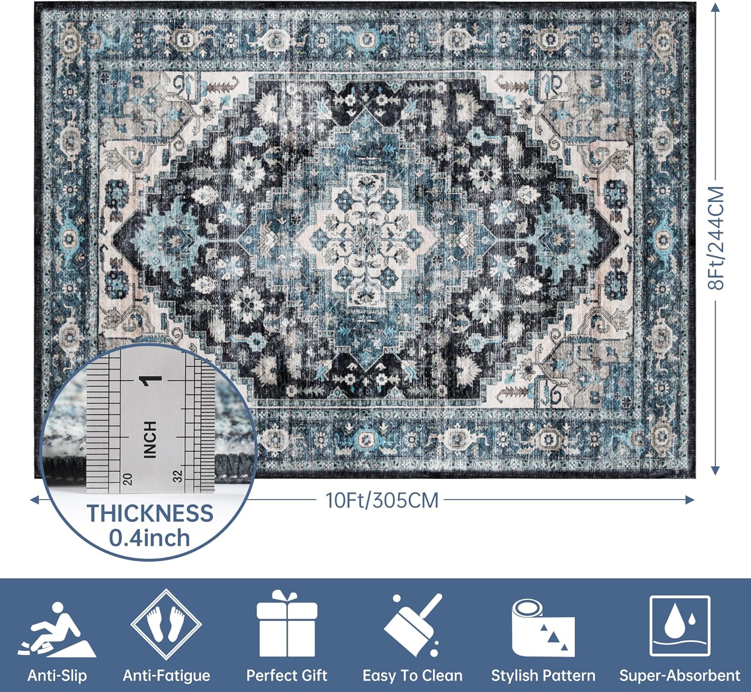 Vintage Blue 8x10 Non Slip Washable Area Rug for Living Room C5928