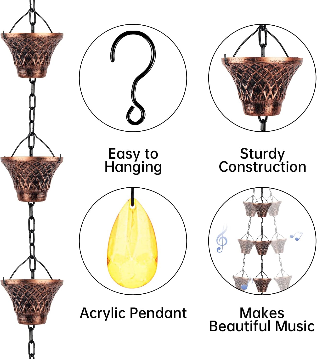 Copper Rain Chain for Downspout Garden Decor 8.5 ft k7