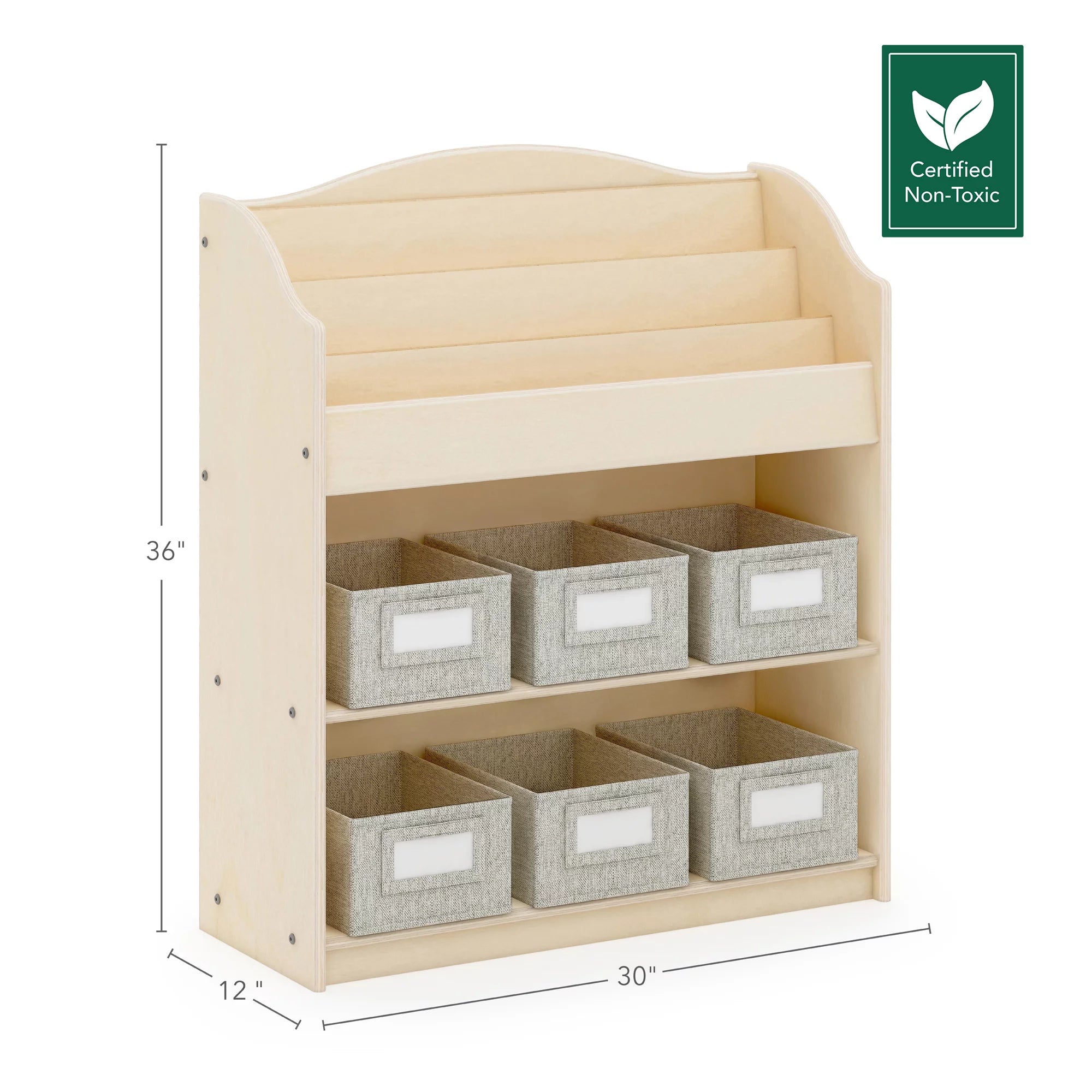 Guidecraft EdQ Essentials Book and Bin Browser Natural with 6 Fabric Storage Bins V6105