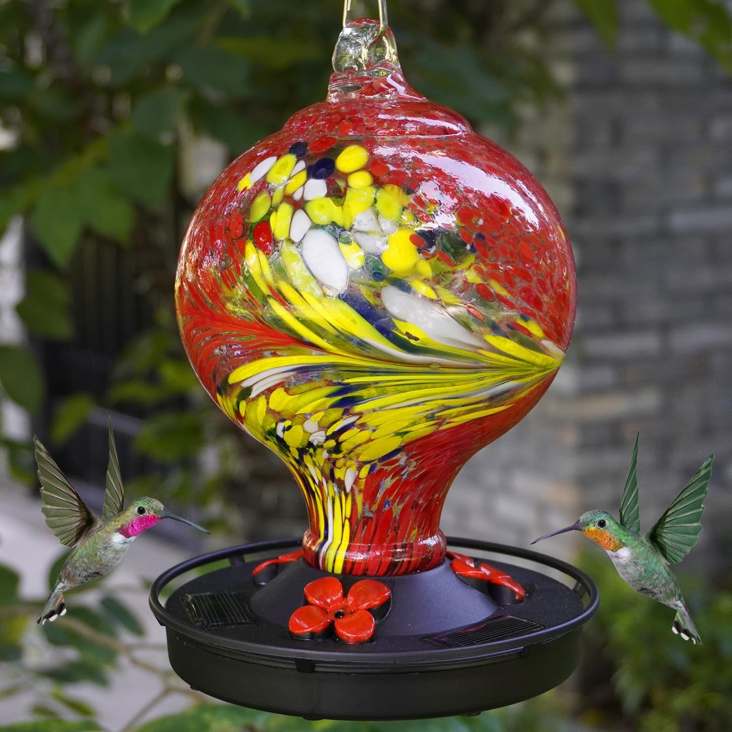 Hummingbird Feeder Handblown Glass Hanging Red k7