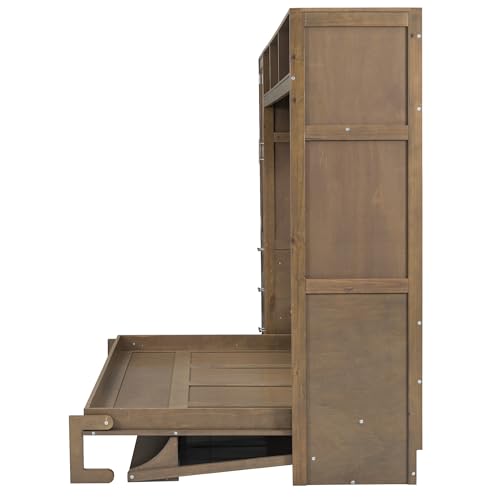 Modern Full Size Murphy Bed with Wardrobe and Storage Drawers, Solid Wood, Antique Grey N211