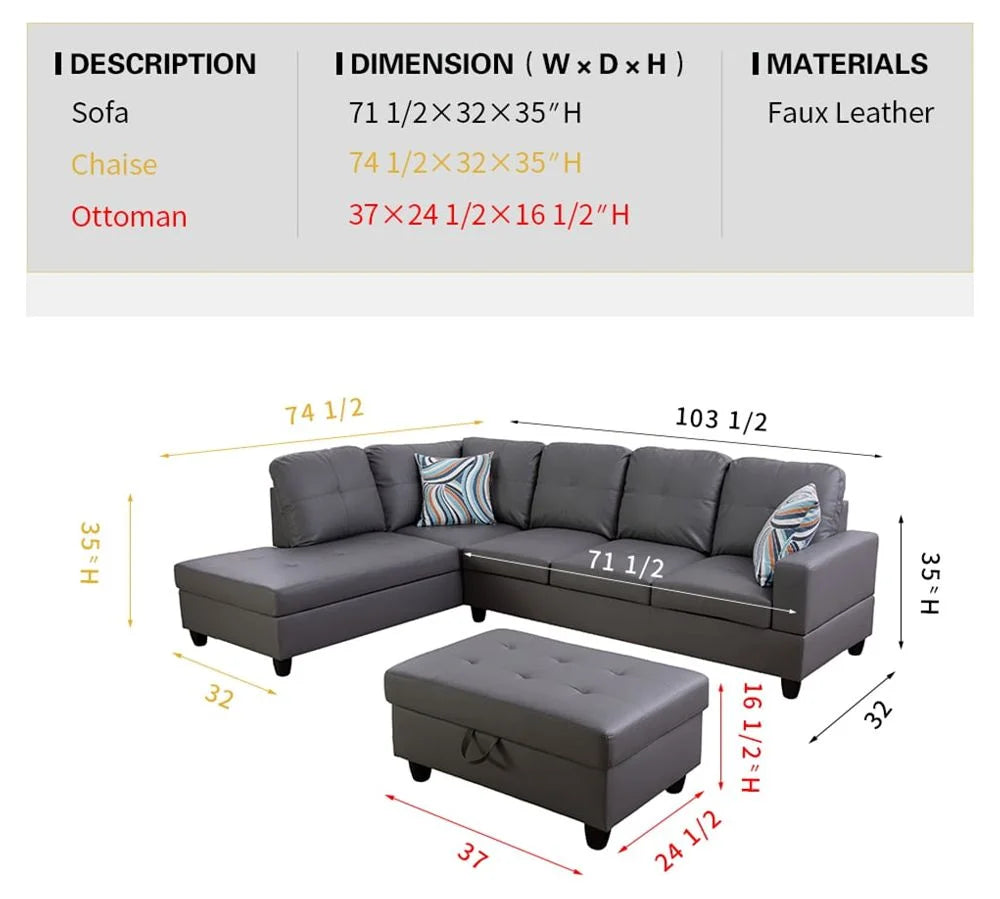 PonLiving Dark Grey Faux Leather Sectional with Ottoman Left Hand Facing M73884