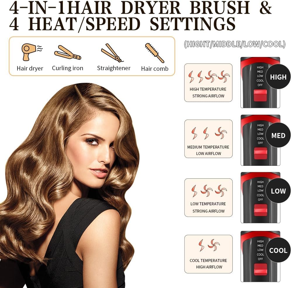 Hair Dryer Brush 4-in-1 Hot Air Styler with Negative Ion Ceramic Titanium Barrel S6572