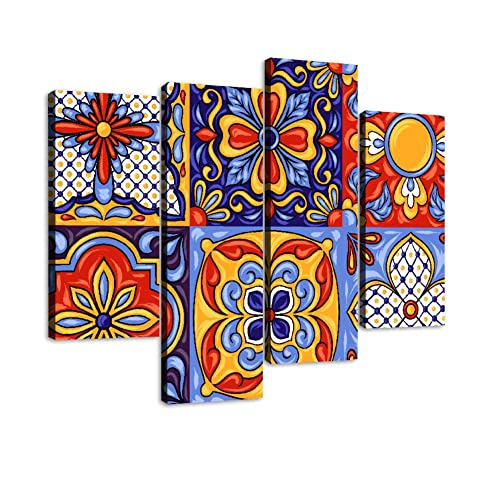 Talavera Handcrafted Mexican Ceramic Tile Pattern Canvas Wall Art Hanging Paintings Modern Artwork Abstract Picture Prints Home Decoration Gift Unique Designed Framed 4 panel