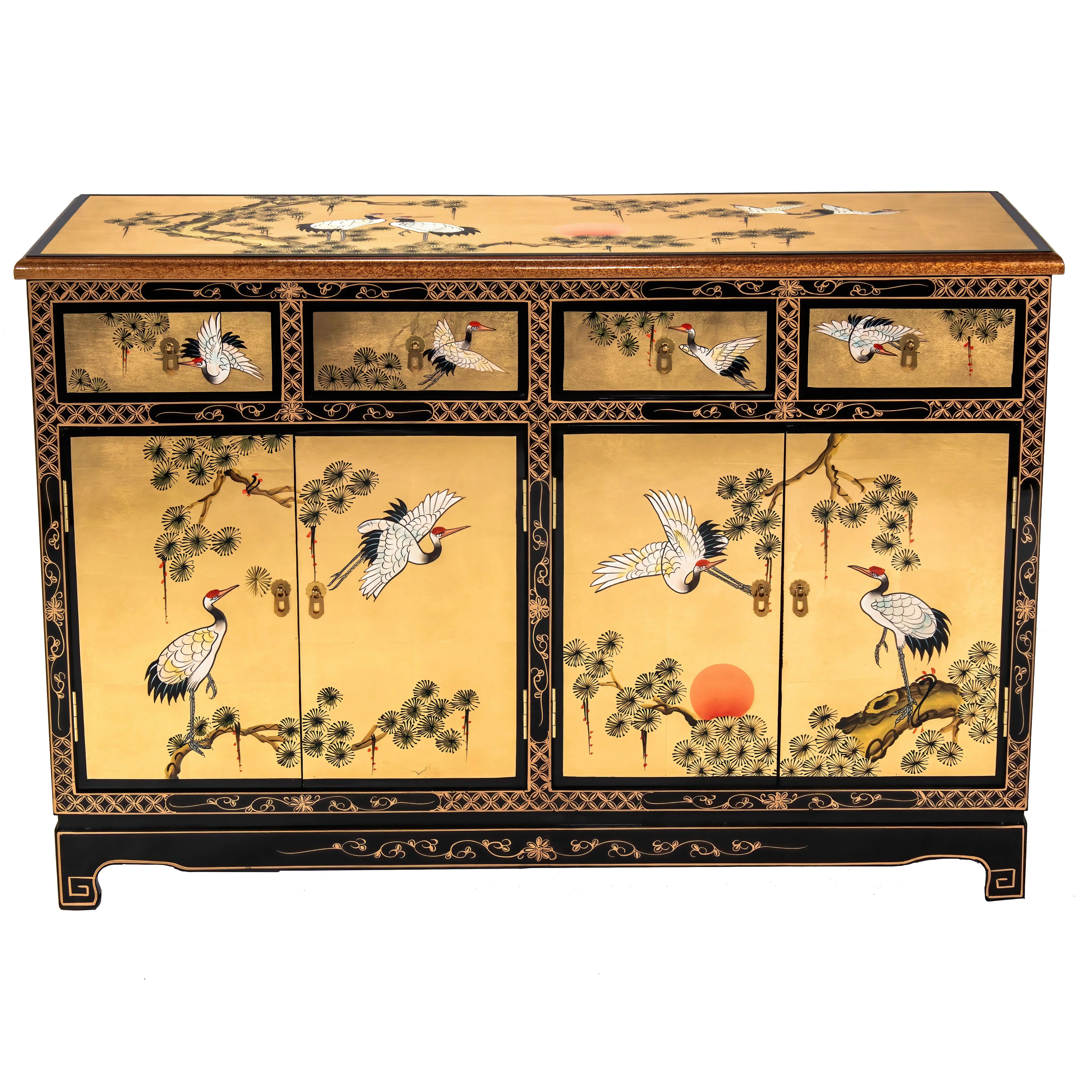 Oriental Furniture Gold Lacquer Sideboard with Cranes S549