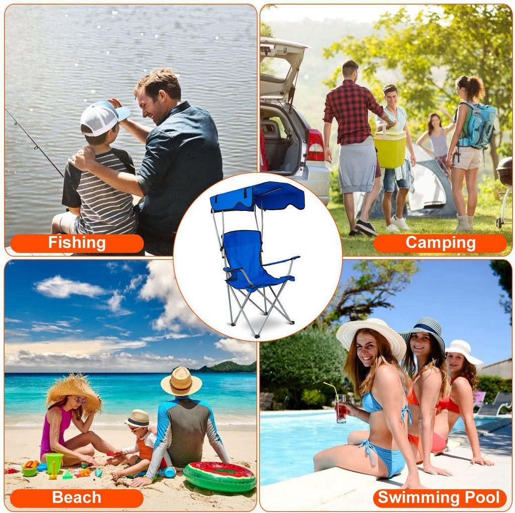 Camping Chair with Shade Canopy, Heavy Duty Folding, UPF 50+ Sun Protection Portable Outdoor Support 330 LBS Blue k7