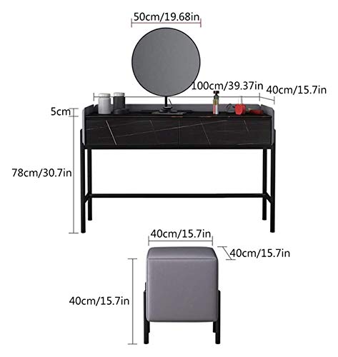 Luxury Dressing Vanity Table with Stool, Round Mirror, 2 Drawers, White Q54953