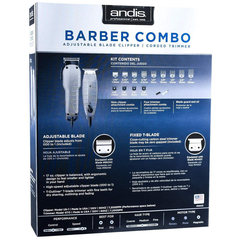 Andis Barber Combo Adjustable Clipper & T-Outliner Trimmer with Blade Brush Y358
