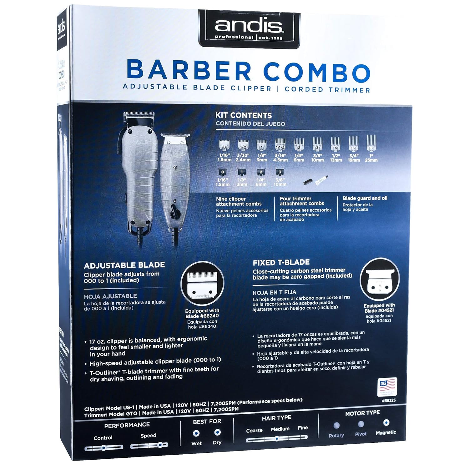Andis Barber Combo Adjustable Clipper & T-Outliner Trimmer with Blade Brush Y358