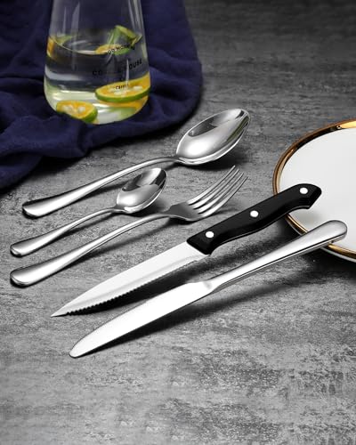 EUIRIO 48-Piece Hammered Silverware Set with Steak Knives for 8, Stainless Steel, Dishwasher Safe X870