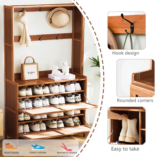 Bamboo Hall Tree with Shoe Storage, 14 Cubbies & 8 Coat Hooks, Rustic Brown W479