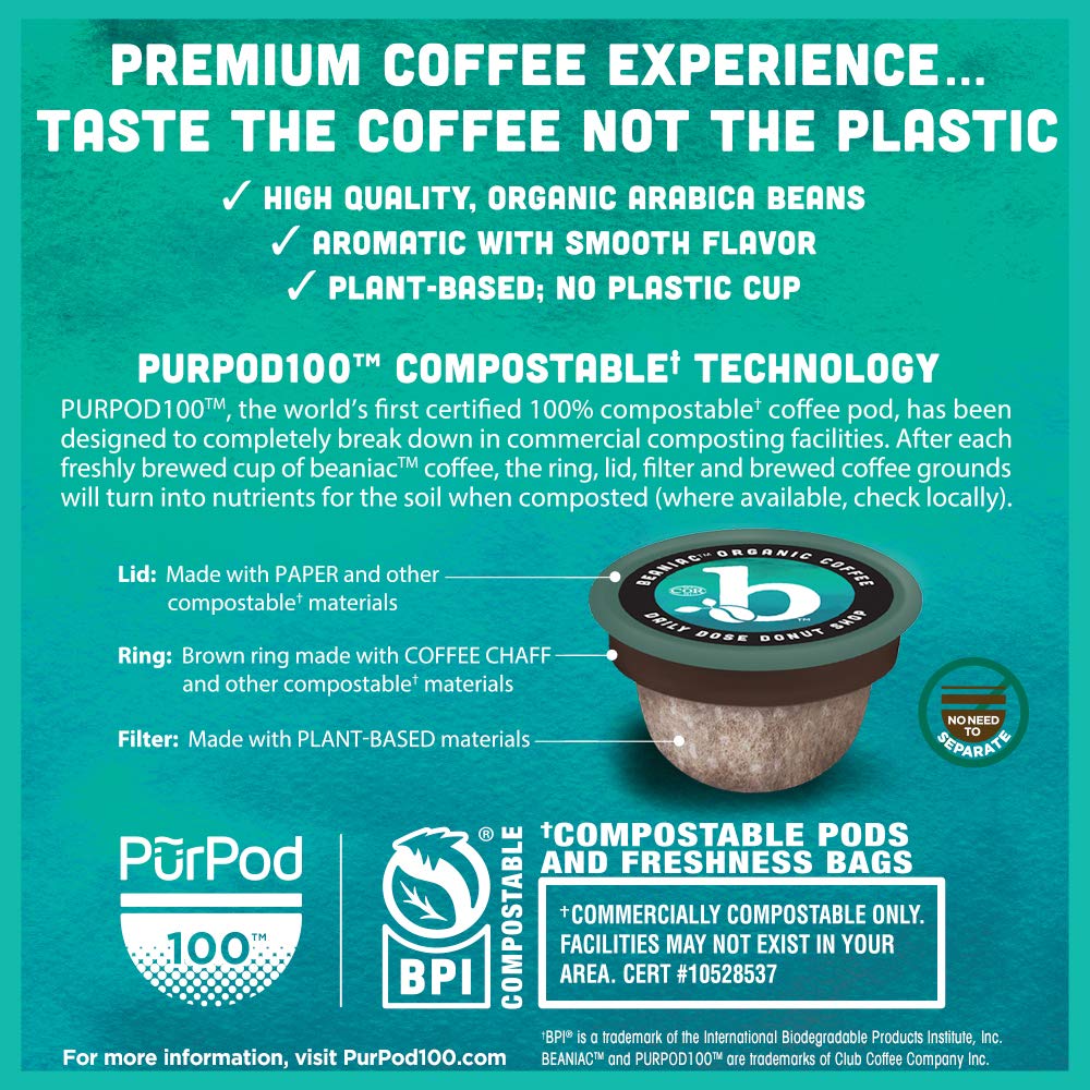 beaniac Organic Daily Dose Donut Shop Light Roast Single Serve Coffee Pods, 30 Count N808349