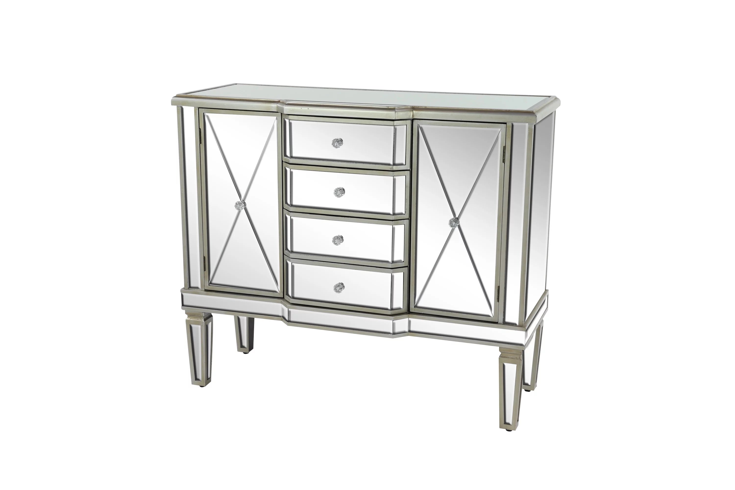 DecMode 39" x 34" Silver Wood Mirrored Panel 4 Drawers 2 Shelves and 2 Doors Buffet with Acrylic Knob Handles, 1-Piece