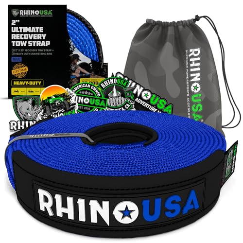 Rhino USA Recovery Tow Strap (3" x 20') - 31,518lb Break Strength - Emergency Recovery Strap Tow Rope for Truck, UTV, ATV & More - Heavy Duty Towing Strap for Offroad 4x4 Use - Compatible with Jeep
