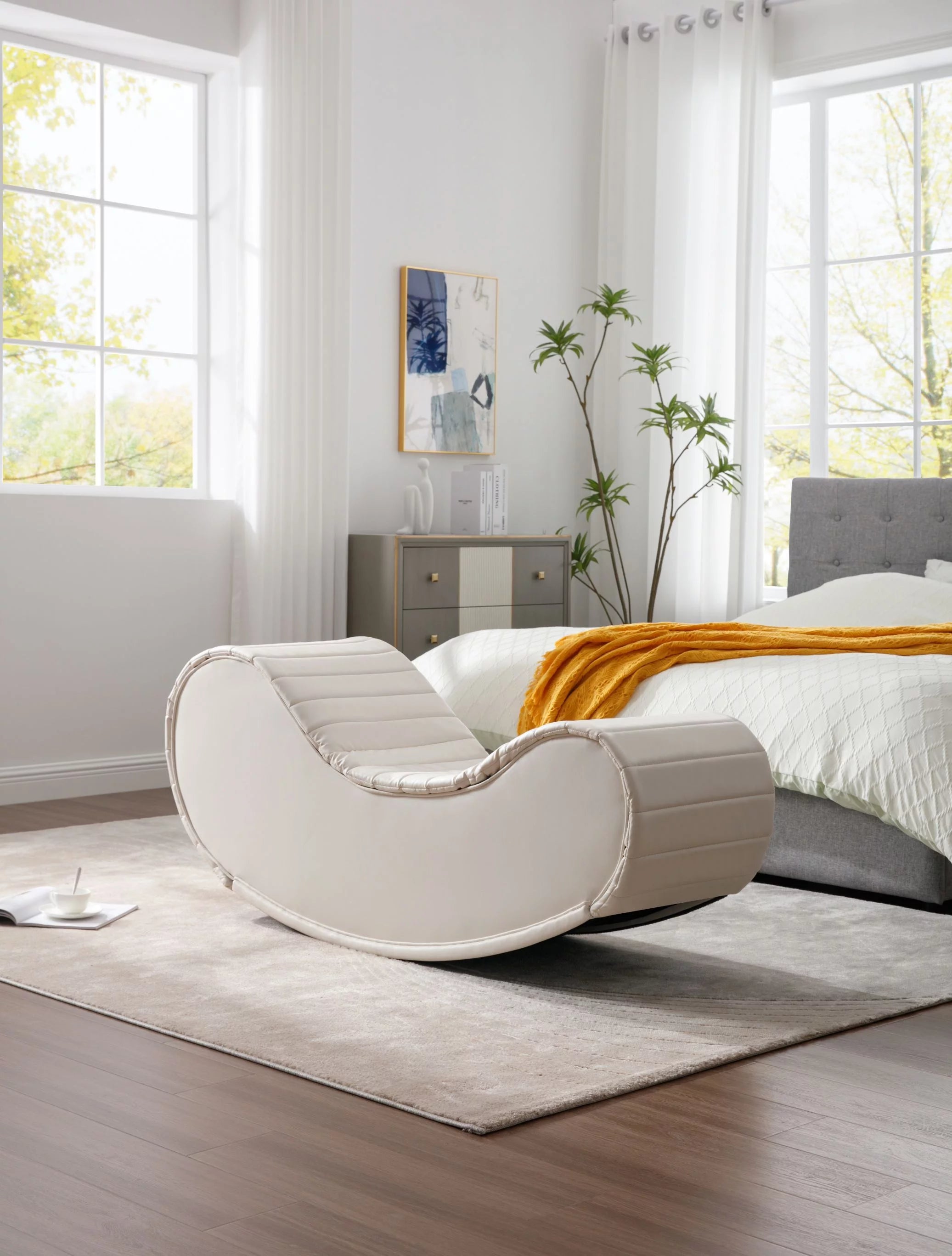 CoSoTower Rocking Leisure Bench Faux Leather Curved Sofa, White & Black T44031