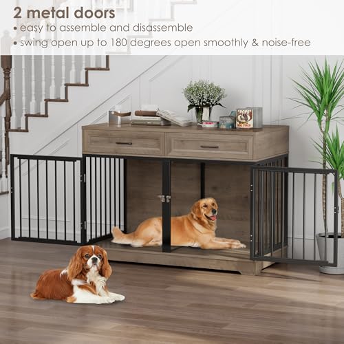 Wooden Dog Crate Furniture 47" with Removable Divider, Double Doors, White I17819