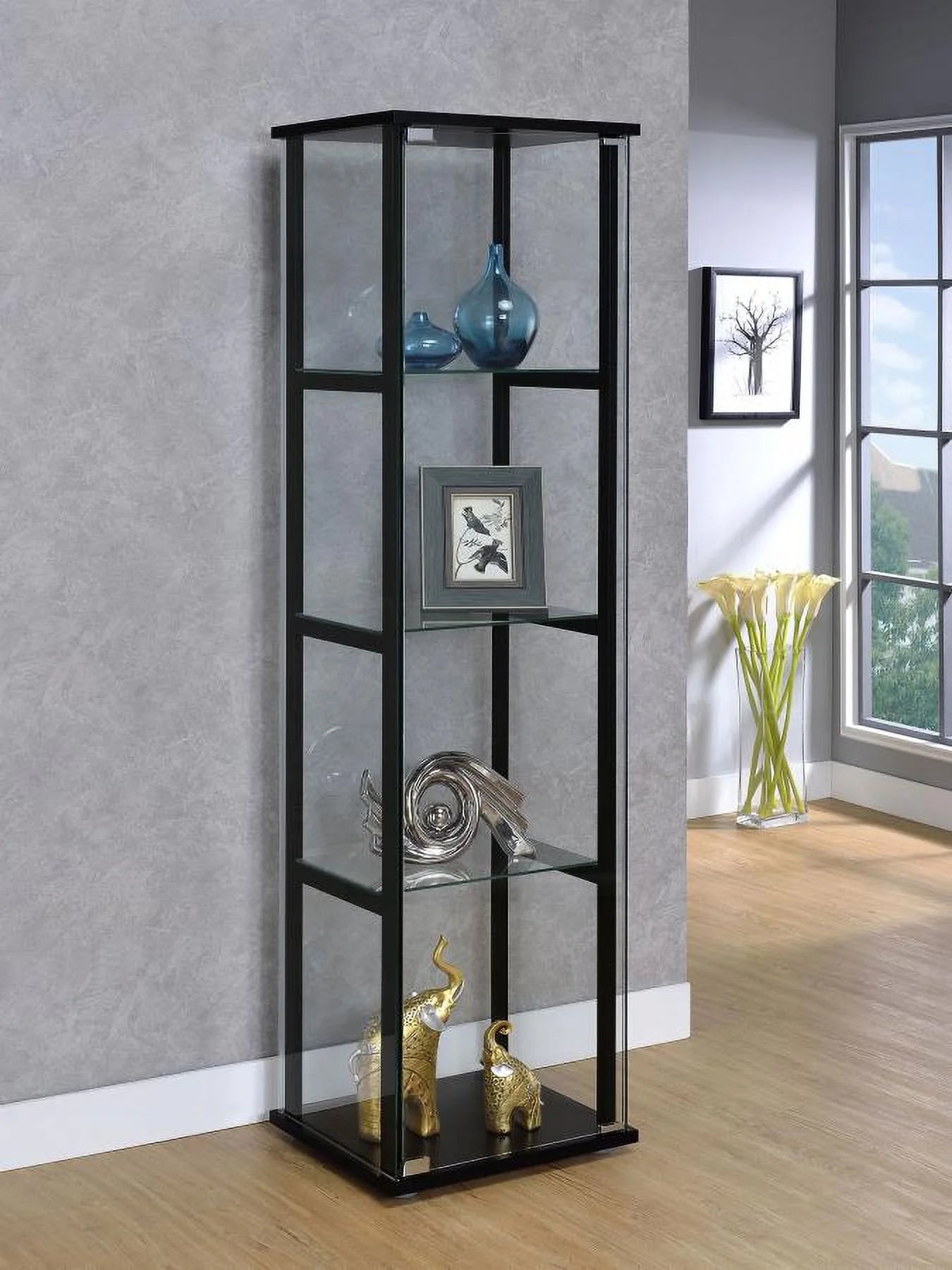 Black Wood Glass 4 Shelf Curio Display Cabinet N312339