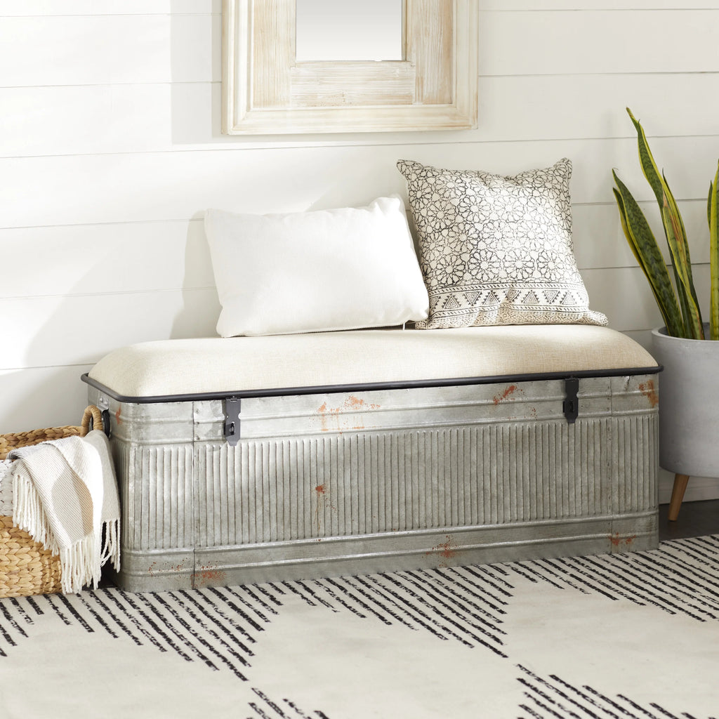 DecMode Metal Galvanized Storage Bench with Cream Burlap Top K1740