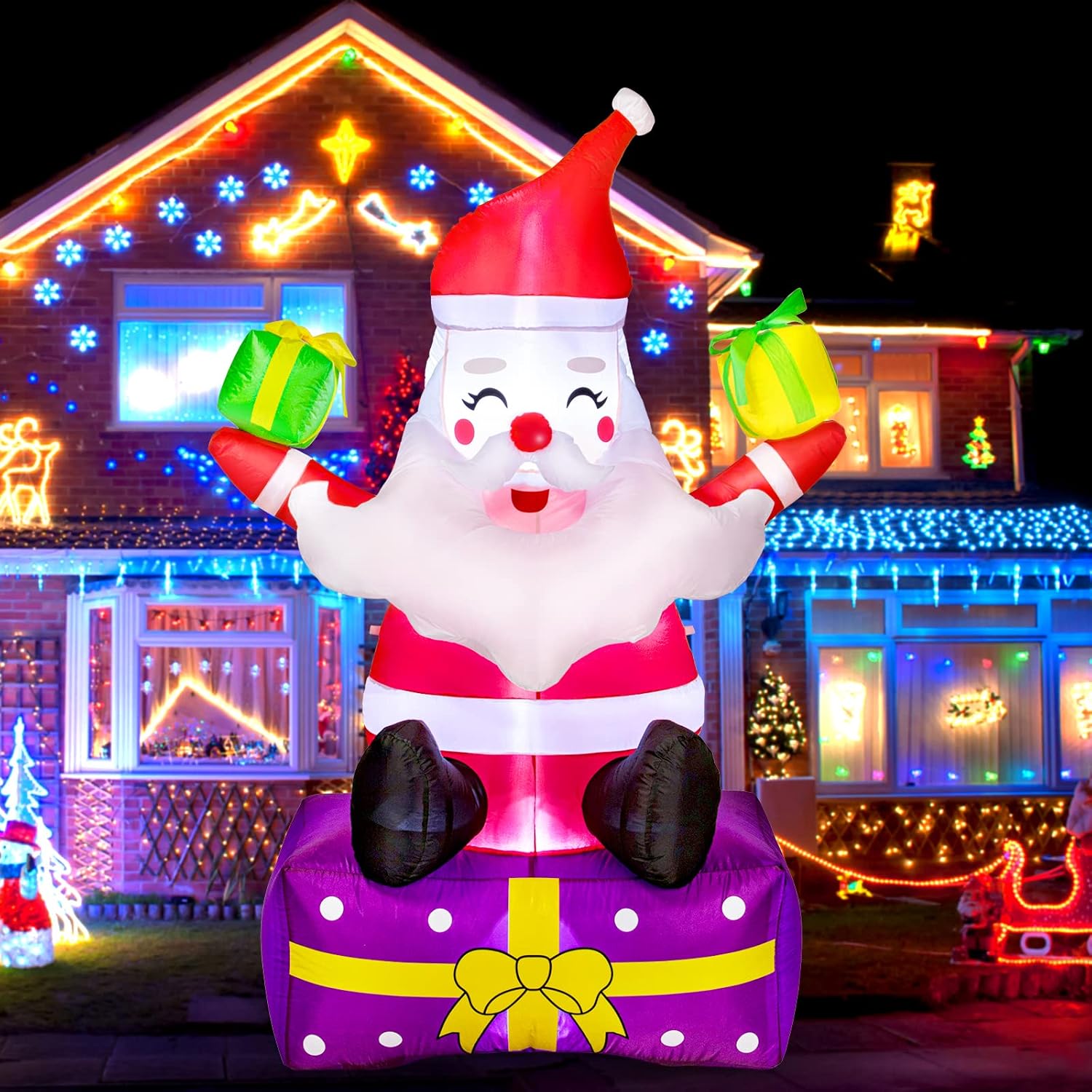 Christmas Inflatables 6 Ft Christmas Outdoor Decorations Inflatable Santa Claus with Gift Boxes Xmas Santa Claus Blow Up Yard Decor, Built-in LED Lights with Tethers, Stakes for The Yard, Lawn, Garden