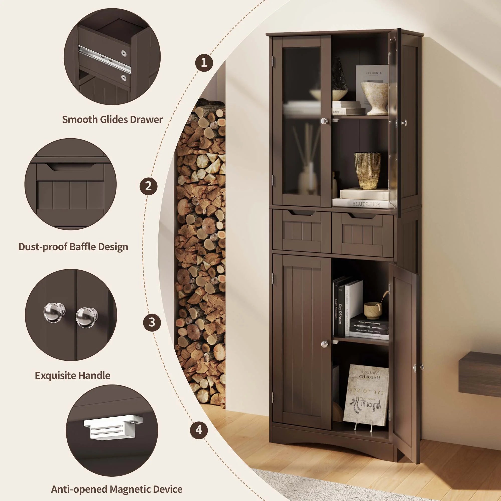 Lofka Tall Storage Cabinet with Glass Doors and 2 Drawers, Dark Brown F93607