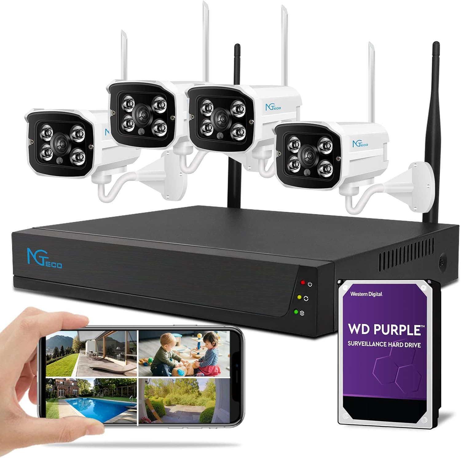Wireless Security Camera System with 1TB Hard Drive/Two-Way Audio, NGTeco 4Pcs WiFi Video Surveillance Cameras, H.265 4CH NVR Kits with Night Vision Motion Alert Remote Access Waterproof Home Outdoor