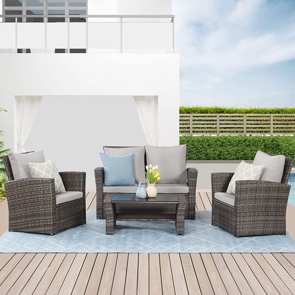 Lane 4 Piece Outdoor Patio Wicker Conversation Set with Cushions, Gray O142