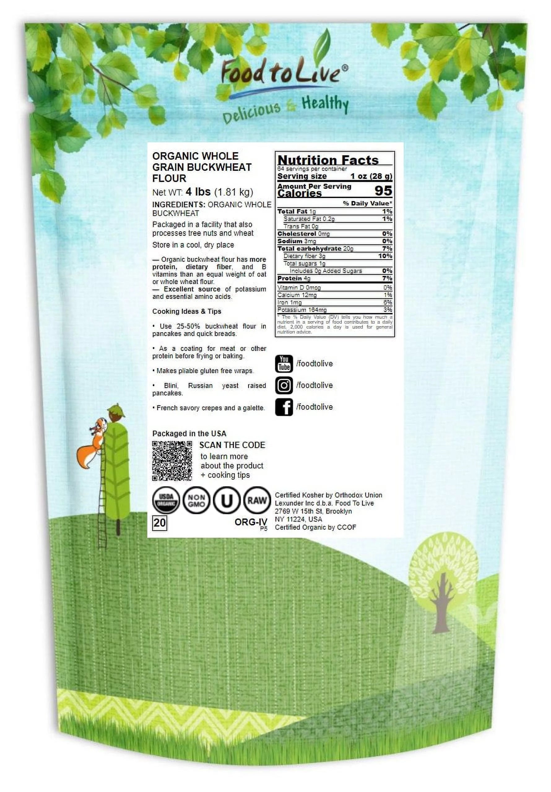 Organic Whole Grain Buckwheat Flour, 4 Pounds — Non-GMO, Kosher, Vegan by Food to Live U5485