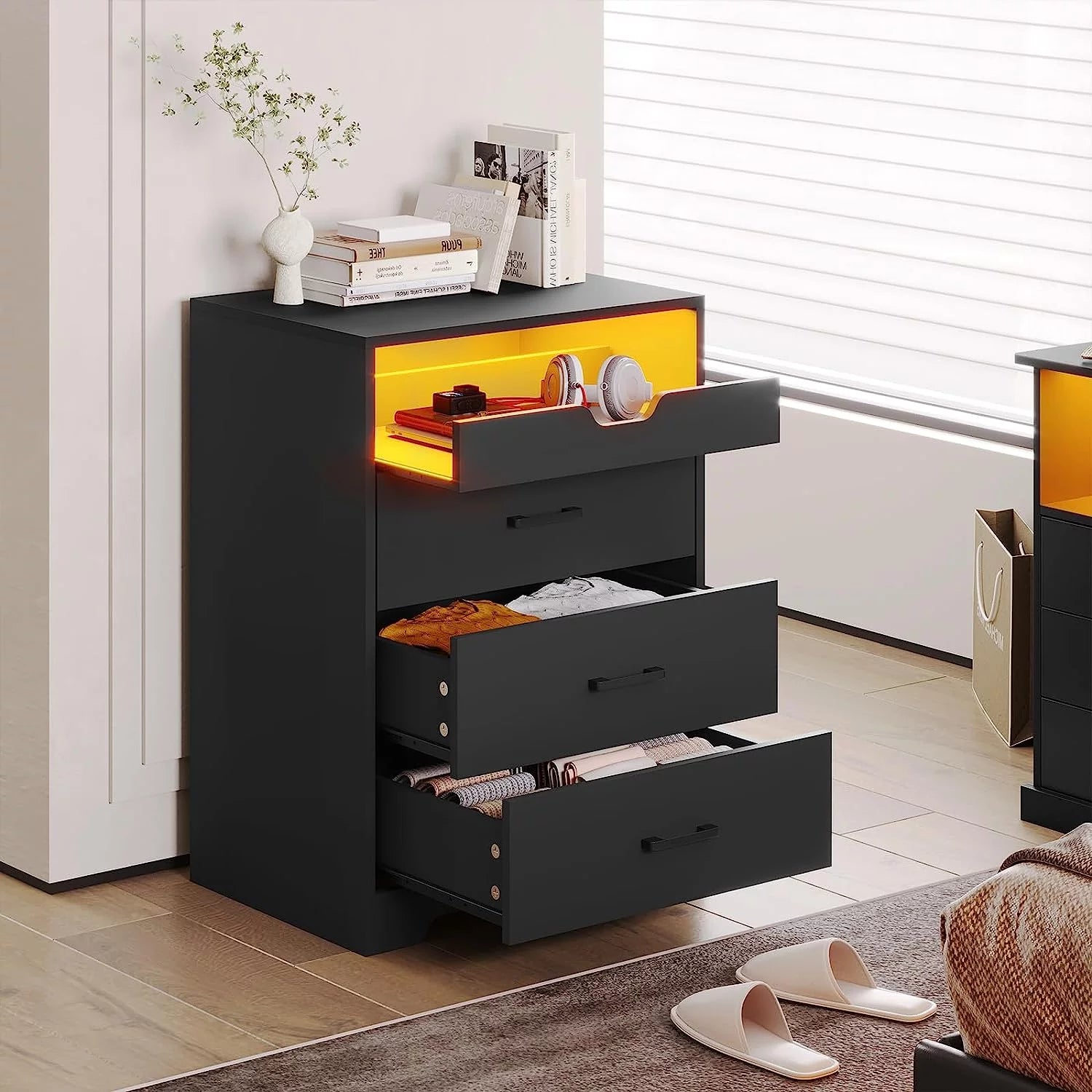 3 Drawers Dresser with LED Lights for Bedroom, Black X891730