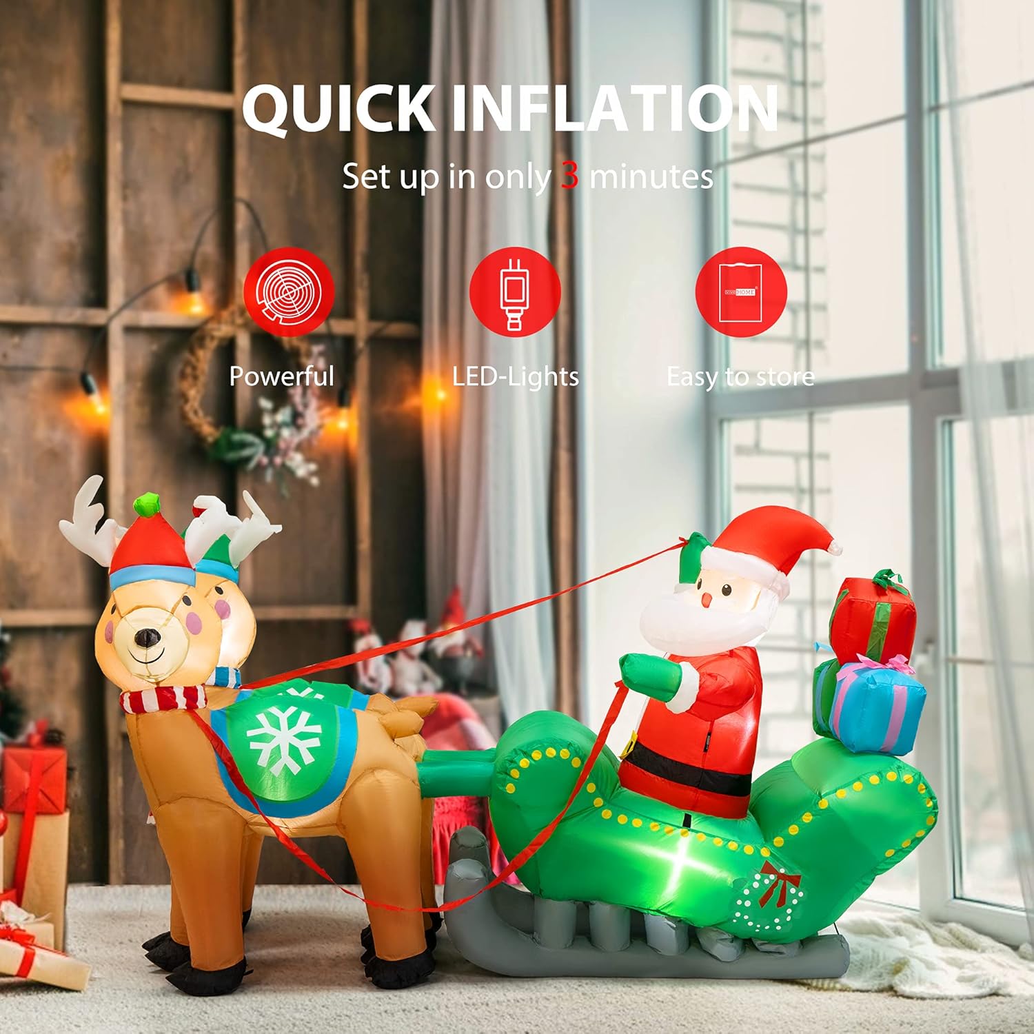Christmas Inflatable Santa on Sleigh with Reindeers Yard Decoration a7