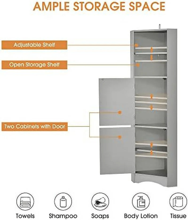 TJUNBOLIFE Corner Cabinet with Doors and 2 Adjustable Shelves, Gray I237