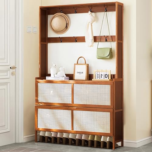 Bamboo Hall Tree with Shoe Storage, 14 Cubbies & 8 Coat Hooks, Rustic Brown W479
