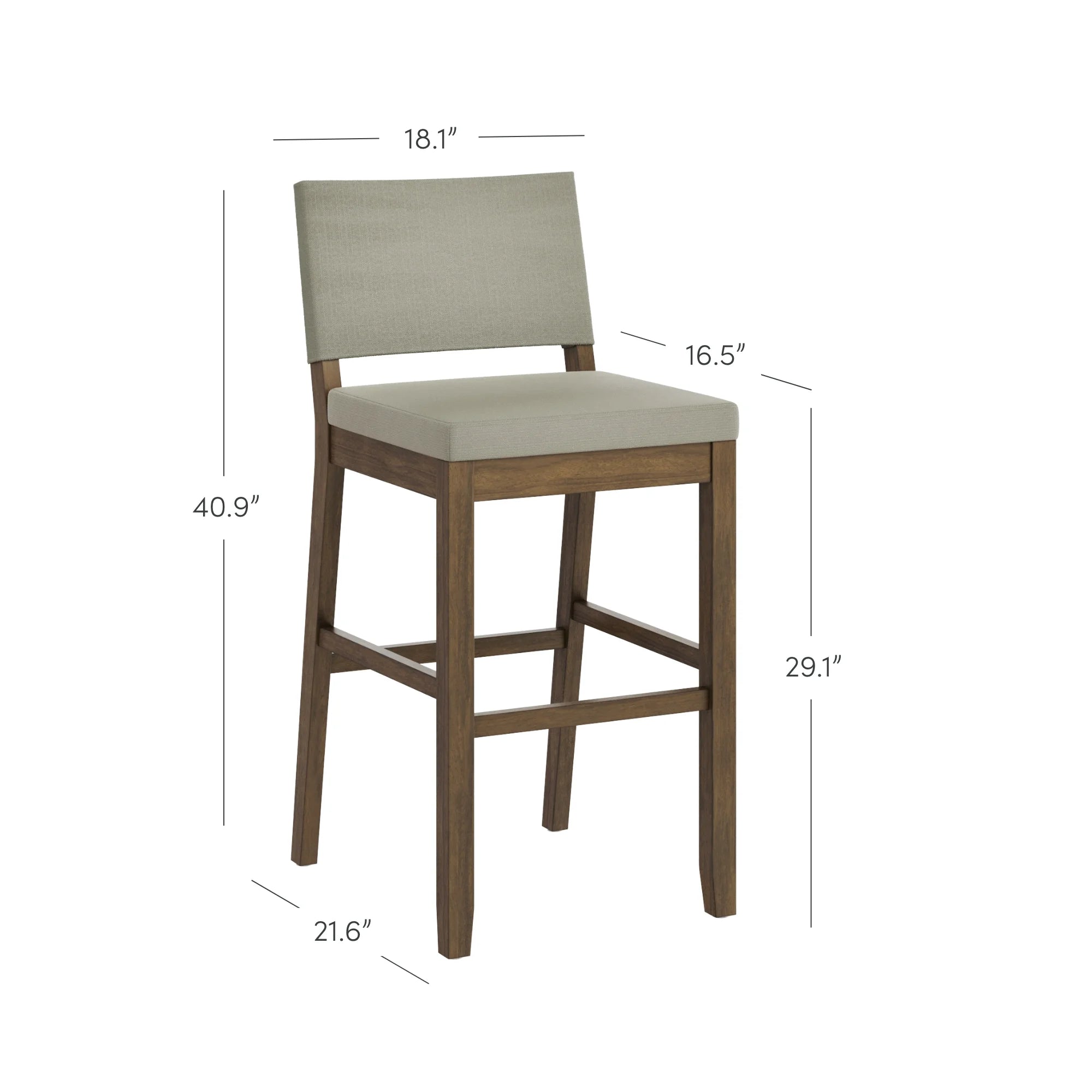 Nathan James Linus Upholstered Bar Stool with Back, Rubberwood Legs, Light Gray/Dark Brown Y554
