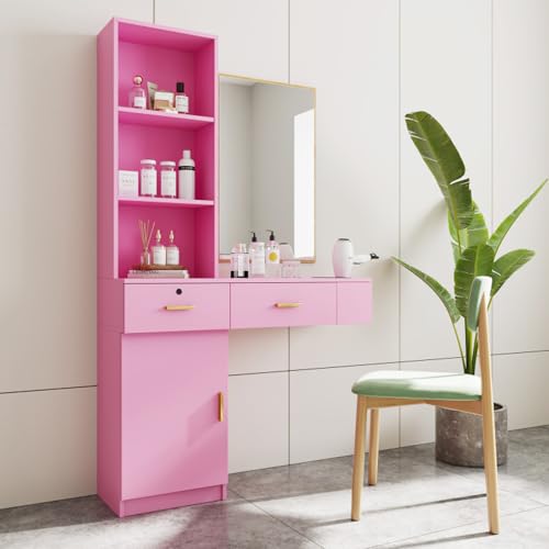 Modern Wood Computer Desk with Drawers and Mirror (Pink) J164932