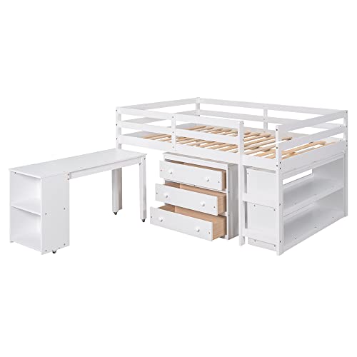 Low Study Loft Bed with Desk and Bookshelf, Pinewood Frame, White R677