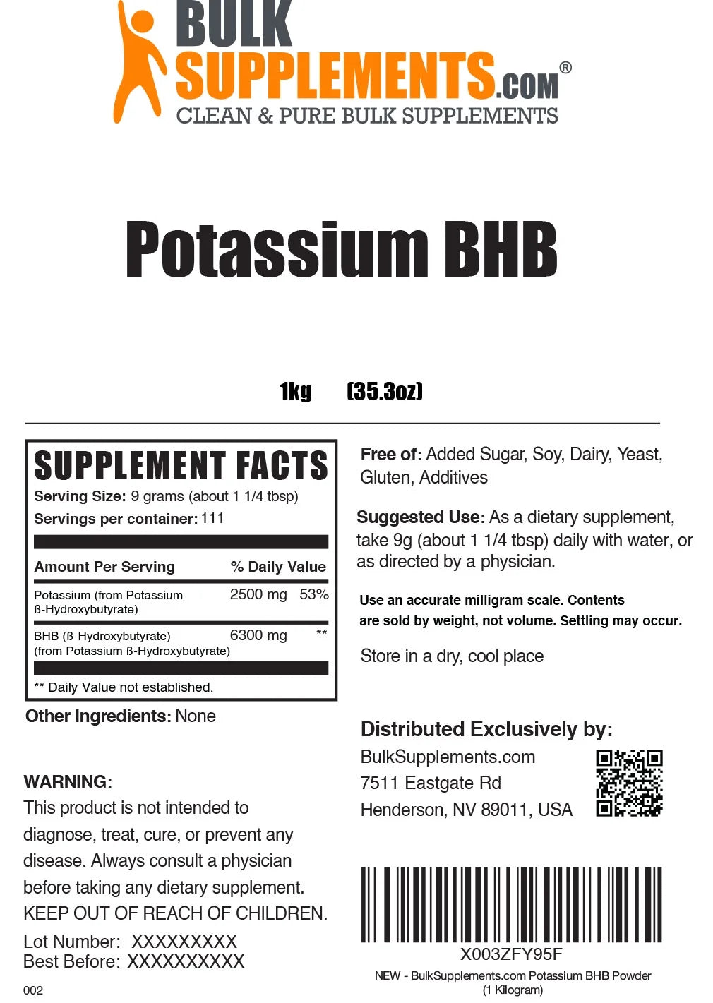 BulkSupplements.com Potassium BHB Powder, 9g - Electrolytes Supplement (1kg) M203