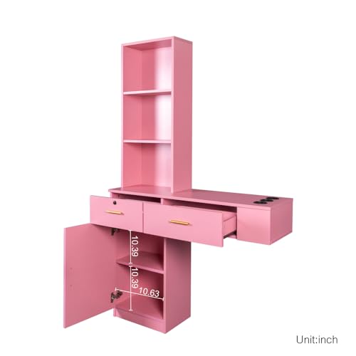 Modern Wood Computer Desk with Drawers and Mirror (Pink) J164932