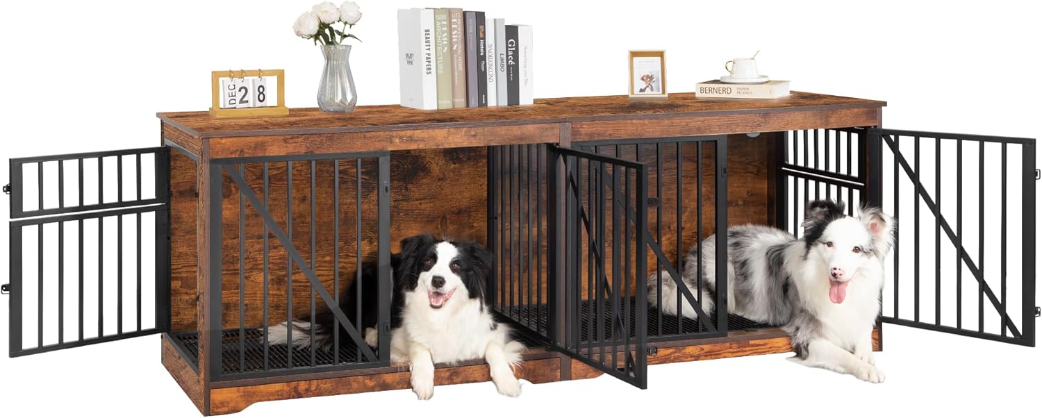 76.4" Wood Dog Crate Furniture with Divider for 2 Dogs, Brown K452