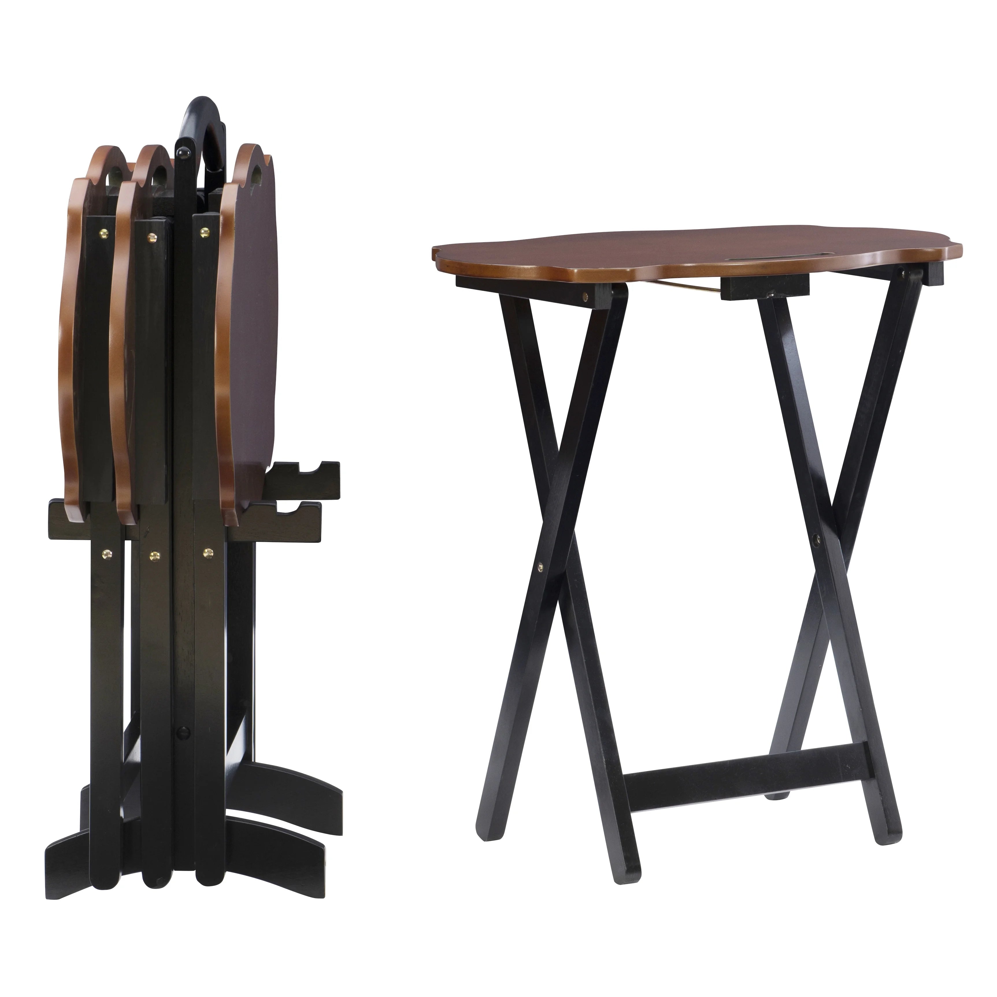Powell Serpentine 5-Piece Folding Side Table TV Tray Set with Stand, Hazelnut/Black H30120