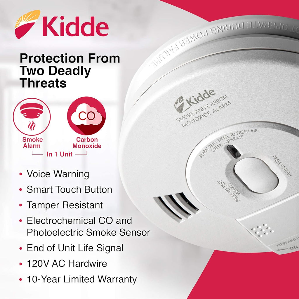 Kidde AC Photoelectric Smoke and Carbon Monoxide Detector Alarm, Hardwired with Battery Backup V21790
