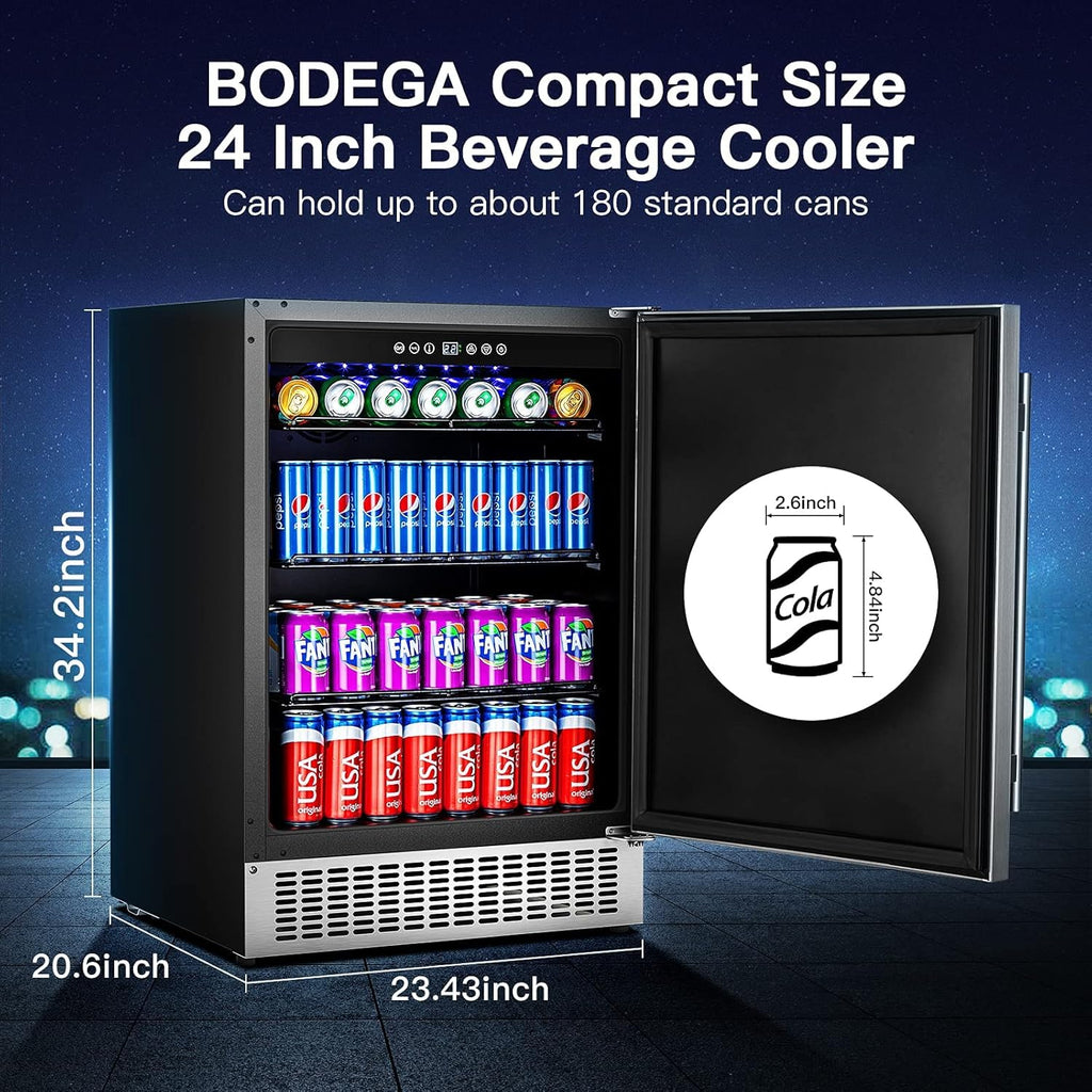 Beverage Cooler 24 Inch, Built-in Refrigerator 180 Cans, Stainless Steel Under Counter Fridge a7