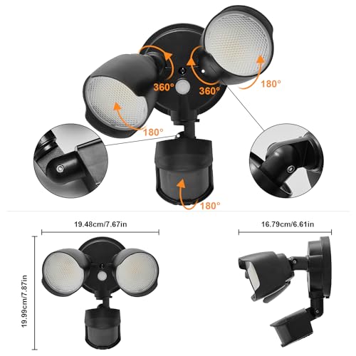 15W 1500 Lumen LED Security Light with Motion Sensor, IP65 Waterproof, Dual-Head, Black D1993