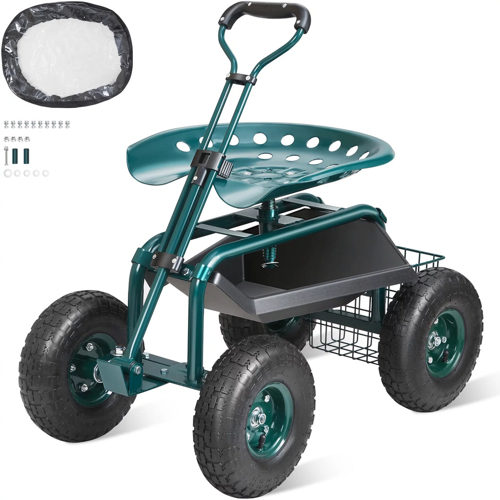 BENTISM Garden Cart Rolling Workseat with Wheels, Gardening Stool for Planting, 360 Degree Swivel Seat, Wagon Scooter with Steering Handle & Utility Tool Tray, Use for Patio, Yard, and Outdoors
